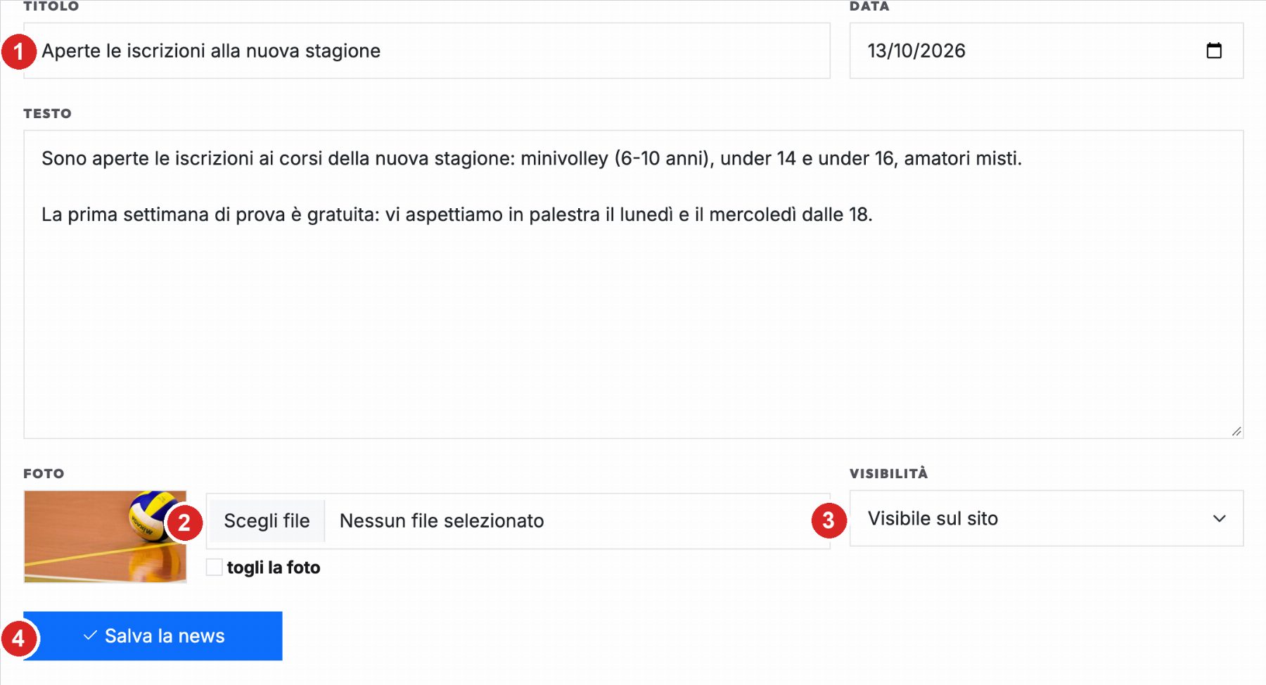 Il modulo per scrivere una news